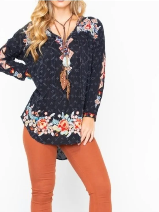 Jonny Was Embroidered Gina Long Sleeve Blouse Tubic In Black - Picture 3 of 14